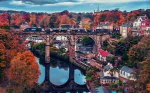 Beautiful town, bridge, house, trees, autumn, river, train wallpaper thumb