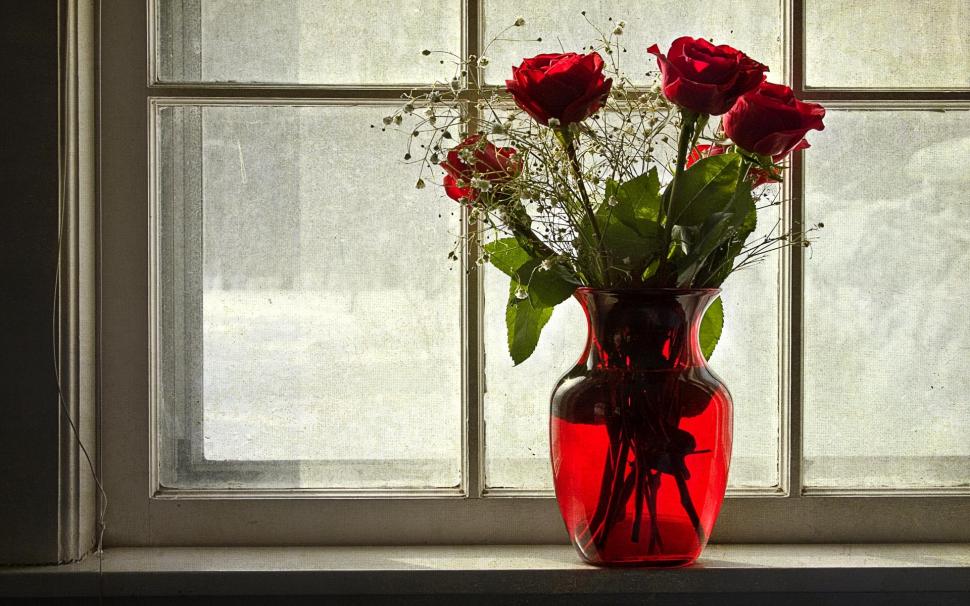 Window Roses wallpaper,vase HD wallpaper,red roses HD wallpaper,window HD wallpaper,glass HD wallpaper,3d & abstract HD wallpaper,1920x1200 wallpaper