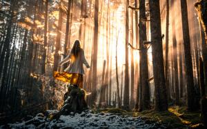 Girl in forest, trees, snow, sun wallpaper thumb