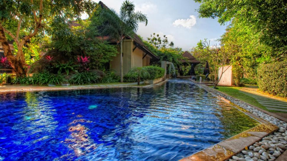 Gorgeous Private Pool Hdr wallpaper,house HD wallpaper,garden HD wallpaper,waterfall HD wallpaper,pool HD wallpaper,stones HD wallpaper,nature & landscapes HD wallpaper,1920x1080 wallpaper