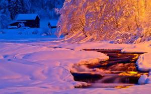 Winter, evening, light, river, stream, snow, house wallpaper thumb