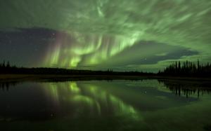 Aurora Borealis Northern Lights Night Green Stars Lake Reflection HD wallpaper thumb