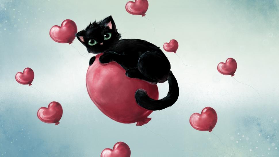 Cat Heart Balloon Drawing HD wallpaper,drawing HD wallpaper,cat HD wallpaper,heart HD wallpaper,love/hate HD wallpaper,balloon HD wallpaper,1920x1080 wallpaper