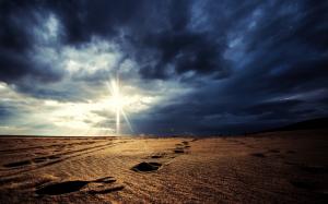 Sand Footprints Sunlight Clouds HD wallpaper thumb