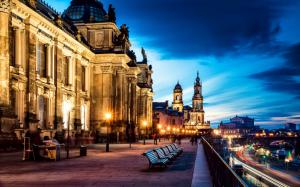 Germany, Altstadt, Dresden, city, street, benches, road, buildings, lights, evening wallpaper thumb
