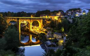 Knaresborough, North Yorkshire, England, night, bridge, river, houses, lights wallpaper thumb