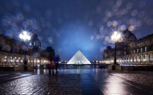 The Louvre Louvre Pyramid Buildings Paris Night Light Bokeh Wet Rain HD wallpaper thumb