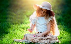 Beautiful cute girl, child, hat, grass, sun wallpaper thumb