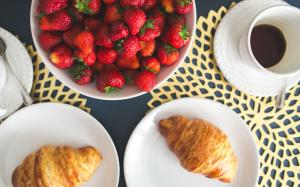 food, healthy, coffee, cup, table, fruits, breakfast , bakery, health, strawberries, fresh, diet, topview, croissants, buttery wallpaper thumb