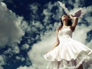 White dress girl under the blue sky wallpaper thumb
