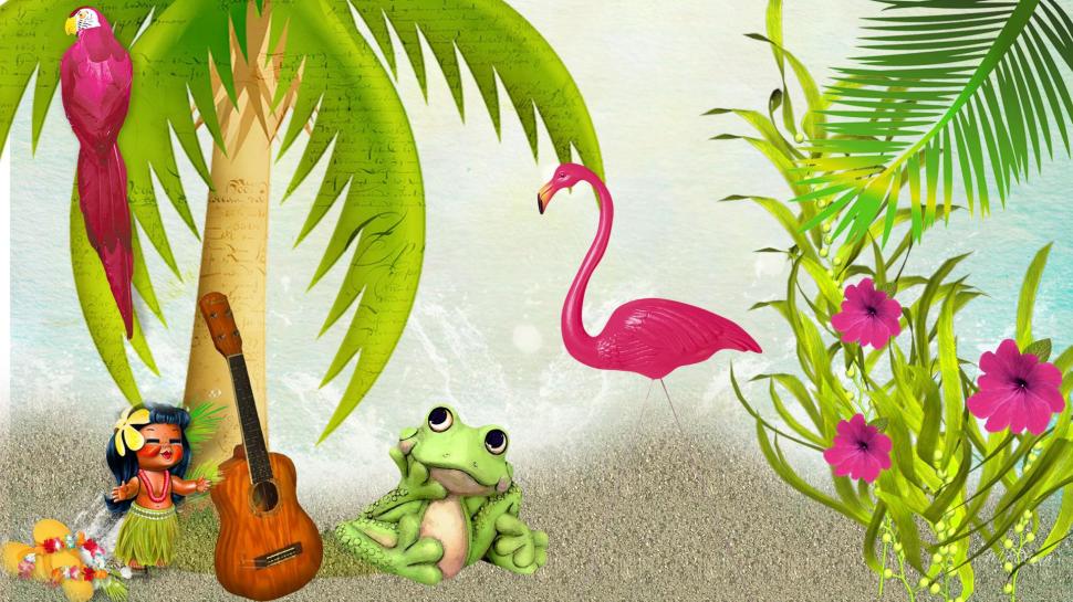 Froggy Vacation wallpaper,guitar HD wallpaper,palm trees HD wallpaper,froggy HD wallpaper,pink flamingo HD wallpaper,bird HD wallpaper,cute HD wallpaper,whimsical HD wallpaper,flowers HD wallpaper,beach HD wallpaper,tropics HD wallpaper,vacation HD wallpaper,1920x1080 wallpaper
