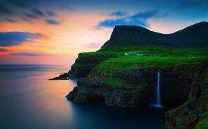 Denmark, the Faroe Islands, village, mountains, waterfalls, sunset wallpaper thumb