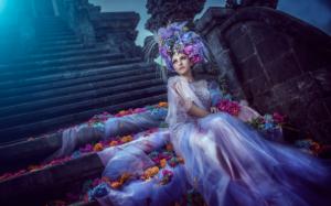 Art pictures, fantasy girl, bride, white dress, flowers, petals, moonlight wallpaper thumb
