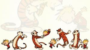 Calvin and Hobbes, Cartoons, Tiger, Kid, Friends, Playing Together wallpaper thumb
