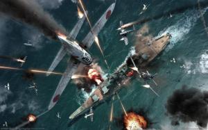 Warplanes and warships fierce fighting wallpaper thumb