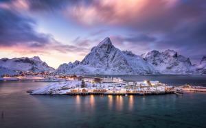 Norway, Lofoten archipelago, village, island, fjord, mountains, snow, dusk, lights wallpaper thumb