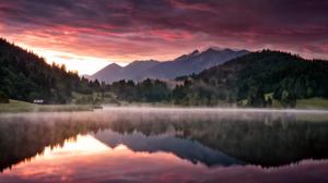 Nature landscape, mountains, forest, lake, morning dawn, fog wallpaper thumb