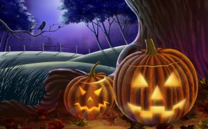Halloween, Holidays, Pumpkin, Owl, Moonlight, Ghost, Cartoon, Village wallpaper thumb