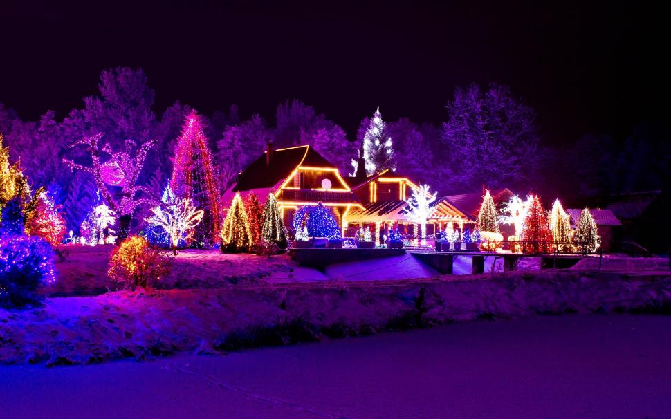 Winter, night, lights, new year, house, lake wallpaper | travel and ...