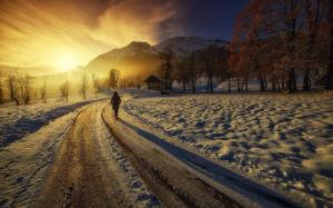Sunrise, mountains, houses, road, girl, winter, thick snow wallpaper thumb