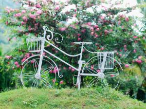 White bicycle, wheel, basket, flowers, grass wallpaper thumb