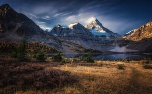 Snowy peak, mountains, lake, grass, autumn, Columbia, Canada wallpaper thumb