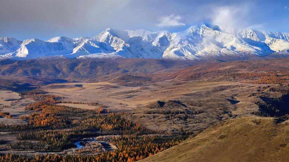The Altai mountains, autumn, trees, snow wallpaper,Altai HD wallpaper,Mountains HD wallpaper,Autumn HD wallpaper,Trees HD wallpaper,Snow HD wallpaper,1920x1080 wallpaper