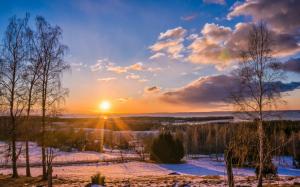 Winter, village, forest, road, trees, sunset wallpaper thumb