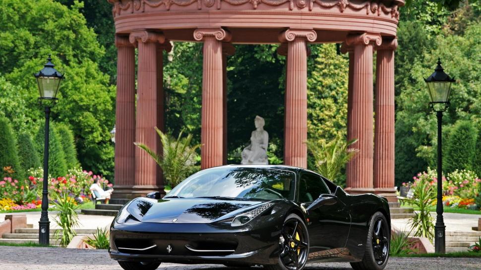 Black Ferrari In A Roman Park wallpaper,black HD wallpaper,statue HD wallpaper,park HD wallpaper,cars HD wallpaper,1920x1080 wallpaper