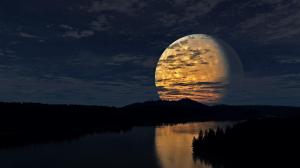 night, sky, moon, trees, river, reflection wallpaper thumb