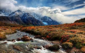 Beautiful nature, mountains, grass, creek, clouds wallpaper thumb
