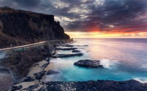 Beautiful sunset sea, coast, road, clouds wallpaper thumb
