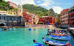 Vernazza, Italy, city, sea, beach, boats, houses, people wallpaper thumb
