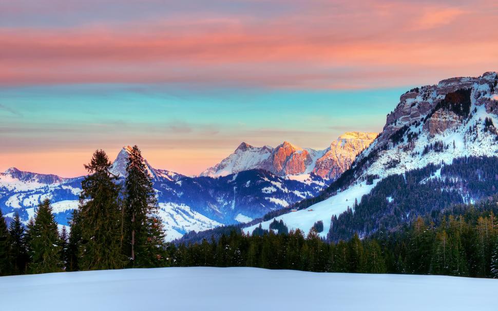 Switzerland, the Alps, winter, red sky, clouds, snow, forest wallpaper,Switzerland HD wallpaper,Alps HD wallpaper,Winter HD wallpaper,Red HD wallpaper,Sky HD wallpaper,Clouds HD wallpaper,Snow HD wallpaper,Forest HD wallpaper,1920x1200 wallpaper