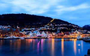 Bergen, Norway, city, evening, houses, lights, sea, dock, boat wallpaper thumb