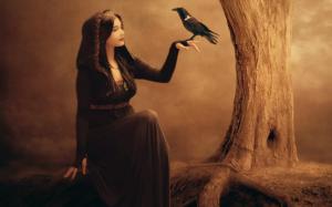 Beautiful fantasy girl, raven, tree, witch, black dress wallpaper thumb