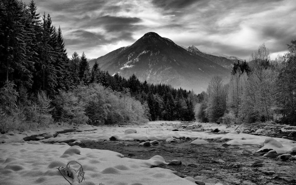Mountains Landscape River Snow Winter BW Rocks Stones Forest Trees HD wallpaper,nature HD wallpaper,landscape HD wallpaper,trees HD wallpaper,mountains HD wallpaper,bw HD wallpaper,snow HD wallpaper,forest HD wallpaper,rocks HD wallpaper,winter HD wallpaper,stones HD wallpaper,river HD wallpaper,1920x1200 wallpaper