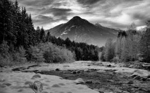 Mountains Landscape River Snow Winter BW Rocks Stones Forest Trees HD wallpaper thumb