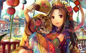 Anime girl with tiger cub wallpaper thumb