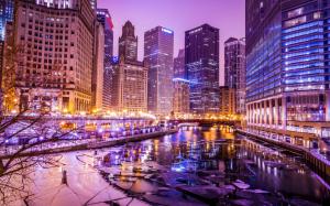 Chicago, USA, Illinois, skyscrapers, buildings, night lights, river, winter, ice wallpaper thumb