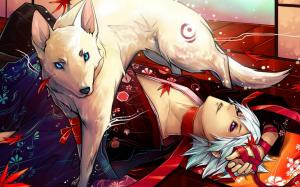 White wolf passing over boy in kimono wallpaper thumb