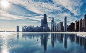 Chicago, Illinois, city landscape, river, skyscrapers, dusk, winter, ice wallpaper thumb