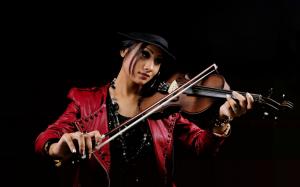 Red dress Asian girl, violin, music, black background wallpaper thumb