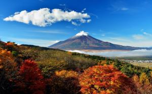 Japan, mount Fuji, sky, trees, clouds, hills, fog wallpaper thumb