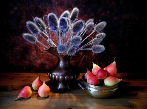 Still life close-up, pears, fruit, plant, jug wallpaper thumb