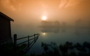 Sunlight Sunset Fence Fog Mist Reflection Lake HD wallpaper thumb