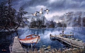 Watercolor painting, lake and woods, snow winter, dock, ducks, boat wallpaper thumb