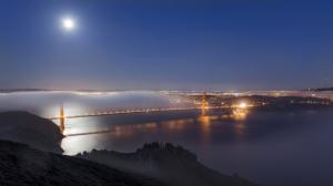 Golden Gate Bridge Bridge San Francisco Fog Mist Moonlight Night Ocean Lights HD wallpaper thumb