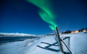 Aurora Borealis Northern Lights Night Green Snow Winter Stars Fence HD wallpaper thumb