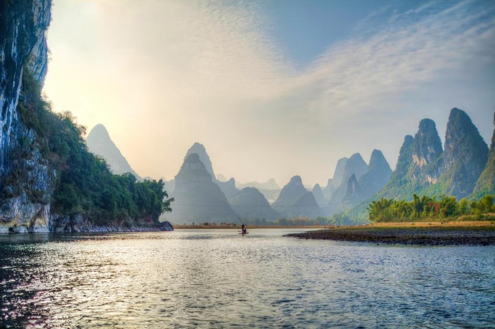 Superb Chinese River Hdr wallpaper,river HD wallpaper,boat HD wallpaper,mountains HD wallpaper,mist HD wallpaper,cliffs HD wallpaper,nature & landscapes HD wallpaper,1920x1280 wallpaper